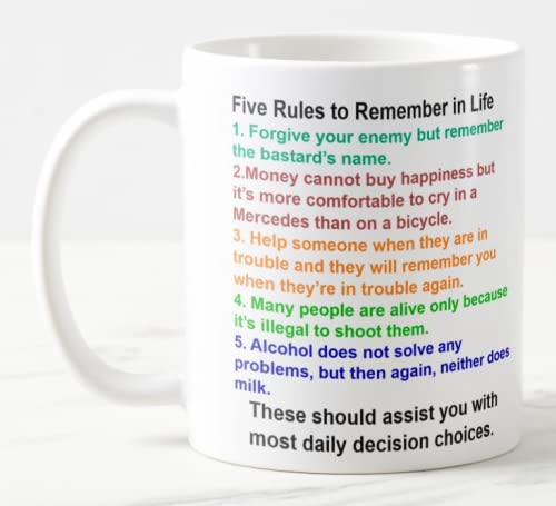 Vixar Five Rules to Remember in Life Funny Novelty Coloured Mug Cup Gift Birthday Work Office Christmas Tea Coffee