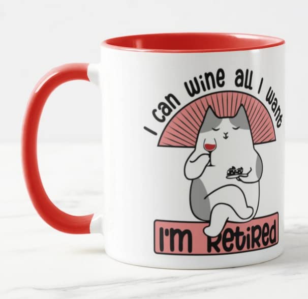 Vixar I'm Retired I can Wine All I Want Joke Novelty Retirement Joke Woman Coloured Mug Cup Gift Birthday Work Office Christmas Tea Coffee