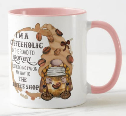 Vixar Gnomes I'm a Coffeeholic on The Road to Recovery, Just Kidding I'm on My Way to The Coffee Shop Coloured Mug Cup Gift Birthday Work Office Christmas Tea Coffee