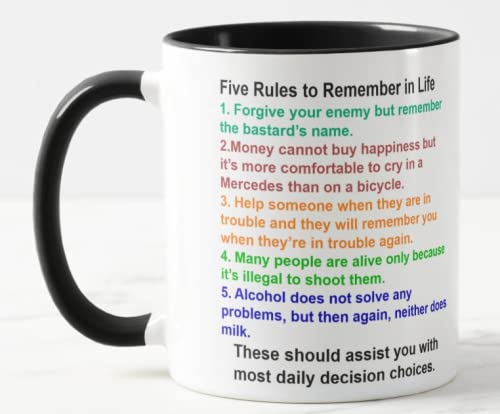 Vixar Five Rules to Remember in Life Funny Novelty Coloured Mug Cup Gift Birthday Work Office Christmas Tea Coffee