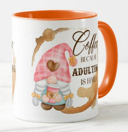 Gnome Coffee Because Adulting is Hard Joke Novelty Coloured Mug Cup Gift Birthday Work Office Christmas Tea Coffee
