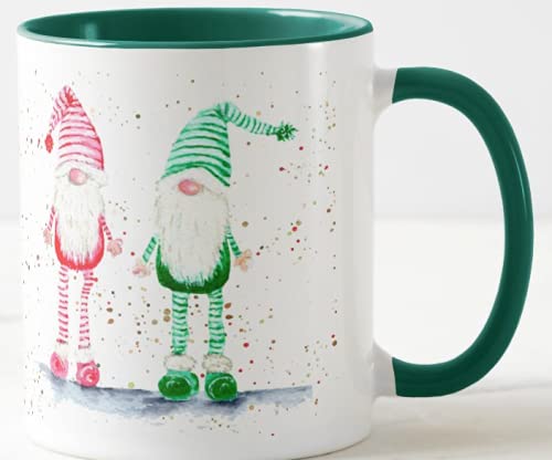 Vixar Christmas Gnome, Gnomes, Watercolour Rainbow Art Coloured Mug Cup, Gift, Work, Office, Christmas Tea Coffee (D Green)