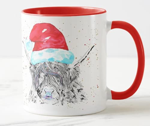 Vixar Christmas Cow Highland Scittish Watercolour Rainbow Art Coloured Mug Cup, Gift, Work, Office, Christmas Tea Coffee (Red)