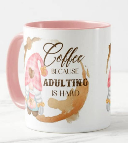 Gnome Coffee Because Adulting is Hard Joke Novelty Coloured Mug Cup Gift Birthday Work Office Christmas Tea Coffee