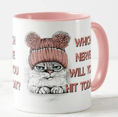 Vixar Which Nerve Will You hit Today? Cat Joke Novelty Coloured Mug Cup Gift Birthday Work Office Christmas Tea Coffee