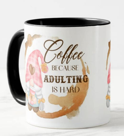 Gnome Coffee Because Adulting is Hard Joke Novelty Coloured Mug Cup Gift Birthday Work Office Christmas Tea Coffee