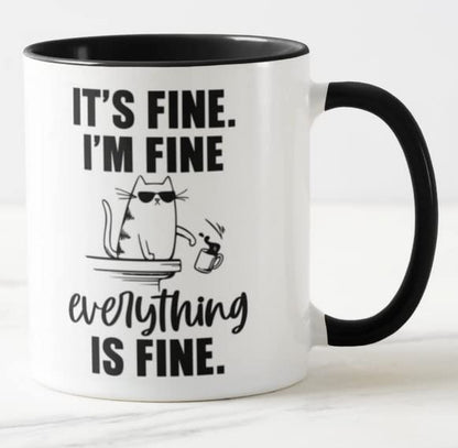 Vixar Its Fine I'm Fine Everything is fine Cat Joke Coloured Mug Cup Gift Birthday Work Office Christmas Tea Coffee