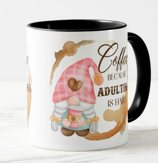 Gnome Coffee Because Adulting is Hard Joke Novelty Coloured Mug Cup Gift Birthday Work Office Christmas Tea Coffee