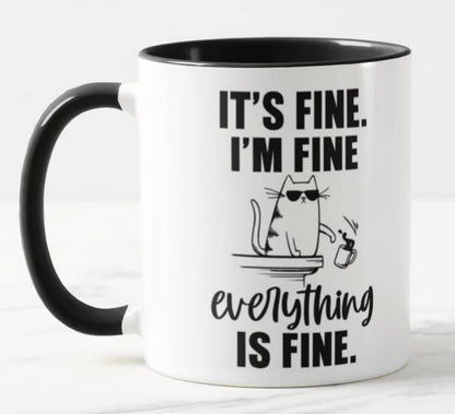 Vixar Its Fine I'm Fine Everything is fine Cat Joke Coloured Mug Cup Gift Birthday Work Office Christmas Tea Coffee