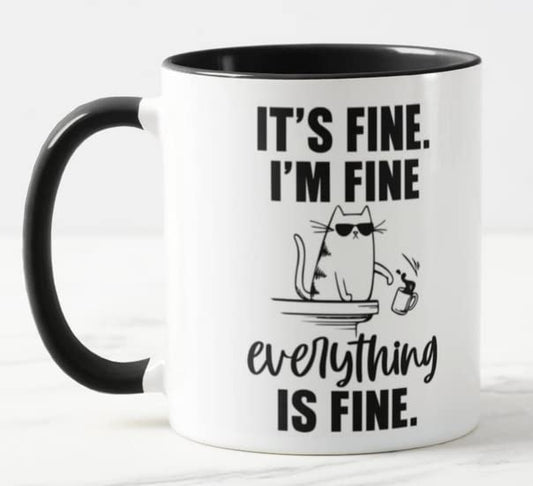 Vixar Its Fine I'm Fine Everything is fine Cat Joke Coloured Mug Cup Gift Birthday Work Office Christmas Tea Coffee