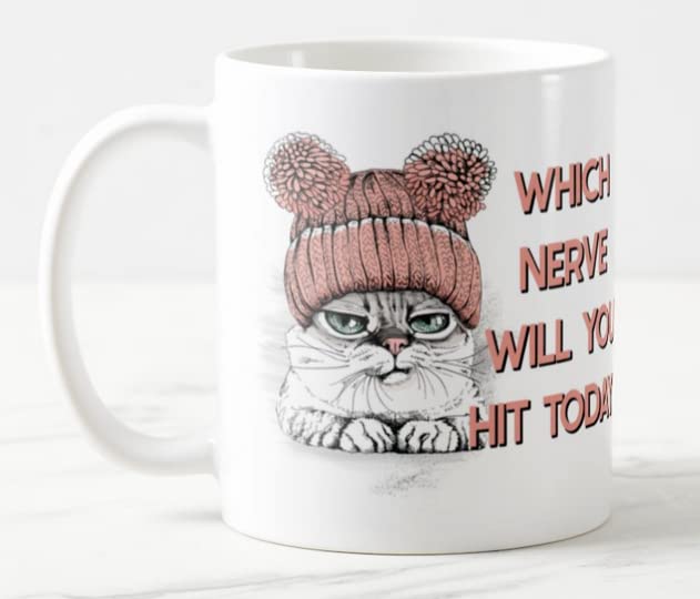 Vixar Which Nerve Will You hit Today? Cat Joke Novelty Coloured Mug Cup Gift Birthday Work Office Christmas Tea Coffee