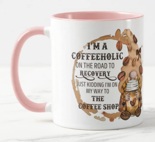 Vixar Gnomes I'm a Coffeeholic on The Road to Recovery, Just Kidding I'm on My Way to The Coffee Shop Coloured Mug Cup Gift Birthday Work Office Christmas Tea Coffee
