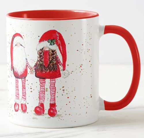 Vixar Christmas Gnome Gnomes Watercolour Rainbow Art Coloured Mug Cup, Gift, Work, Office, Christmas Tea Coffee (Red)