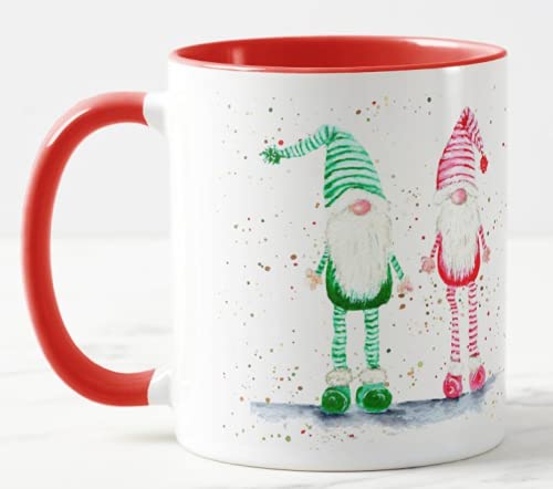 Vixar Christmas Gnome, Gnomes, Watercolour Rainbow Art Coloured Mug Cup, Gift, Work, Office, Christmas Tea Coffee (Red)