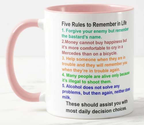 Vixar Five Rules to Remember in Life Funny Novelty Coloured Mug Cup Gift Birthday Work Office Christmas Tea Coffee