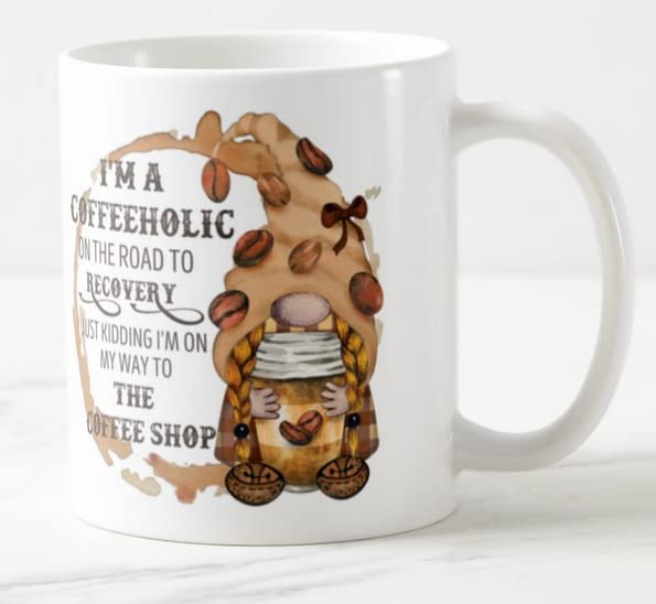 Vixar Gnomes I'm a Coffeeholic on The Road to Recovery, Just Kidding I'm on My Way to The Coffee Shop Coloured Mug Cup Gift Birthday Work Office Christmas Tea Coffee