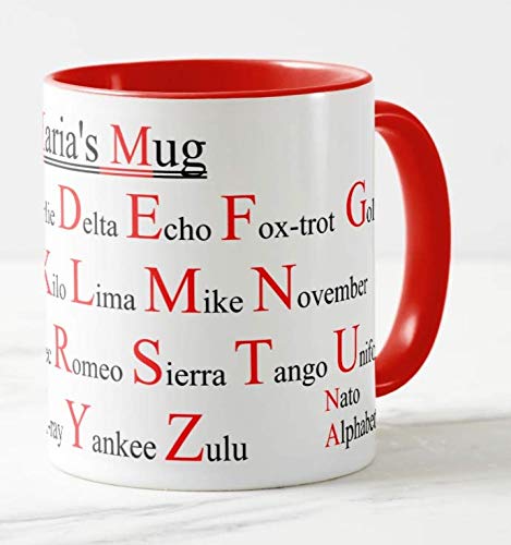 Vixar Personalised Mug NATO Phonetic Alphabet RED Handle and Inside Ceramic Cup Mug 330ml 11oz