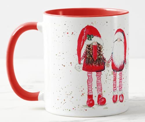 Vixar Christmas Gnome Gnomes Watercolour Rainbow Art Coloured Mug Cup, Gift, Work, Office, Christmas Tea Coffee (Red)