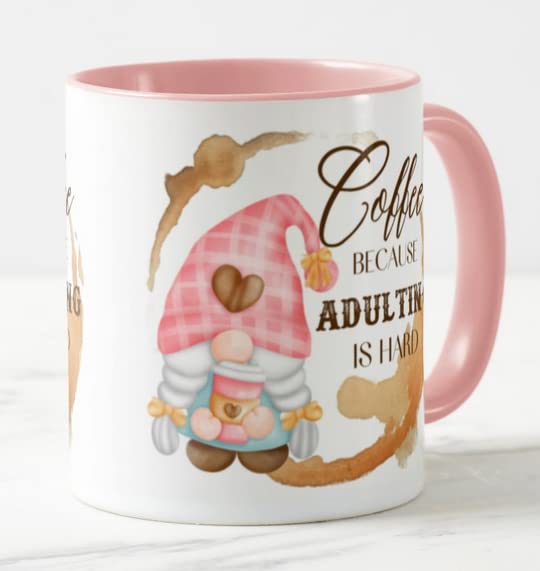 Gnome Coffee Because Adulting is Hard Joke Novelty Coloured Mug Cup Gift Birthday Work Office Christmas Tea Coffee