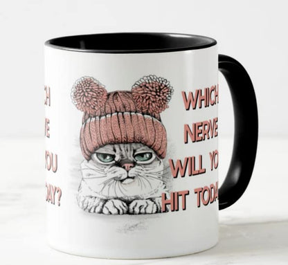 Vixar Which Nerve Will You hit Today? Cat Joke Novelty Coloured Mug Cup Gift Birthday Work Office Christmas Tea Coffee
