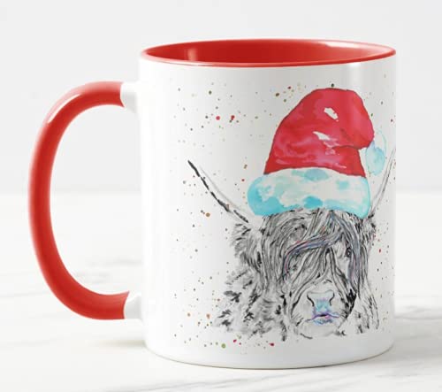 Vixar Christmas Cow Highland Scittish Watercolour Rainbow Art Coloured Mug Cup, Gift, Work, Office, Christmas Tea Coffee (Red)