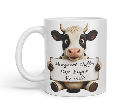 Vixar Personalised Cow Mug with Name or Custom Message – Cute Animal Coloured Ceramic Mug Cup Gift, 11oz (Black)