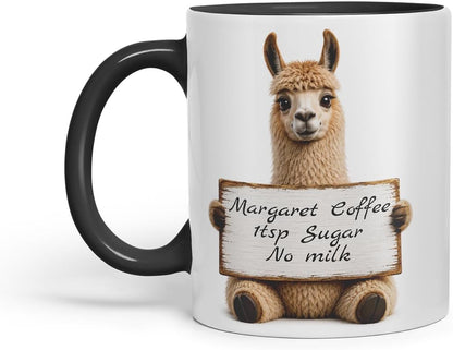 Vixar Personalised Llama Mug with Name or Custom Message – Cute Animal Coloured Ceramic Mug Cup Gift, 11oz (Black)
