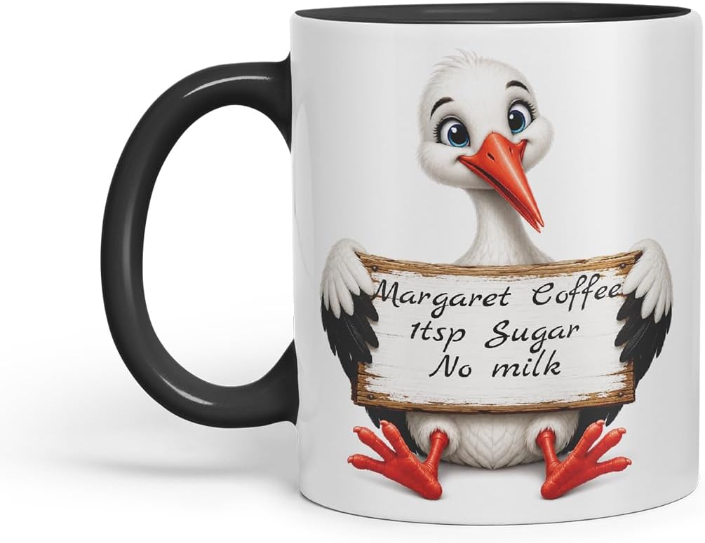 Vixar Personalised Stork Mug with Name or Custom Message – Cute Animal Coloured Ceramic Mug Cup Gift, 11oz (Black)