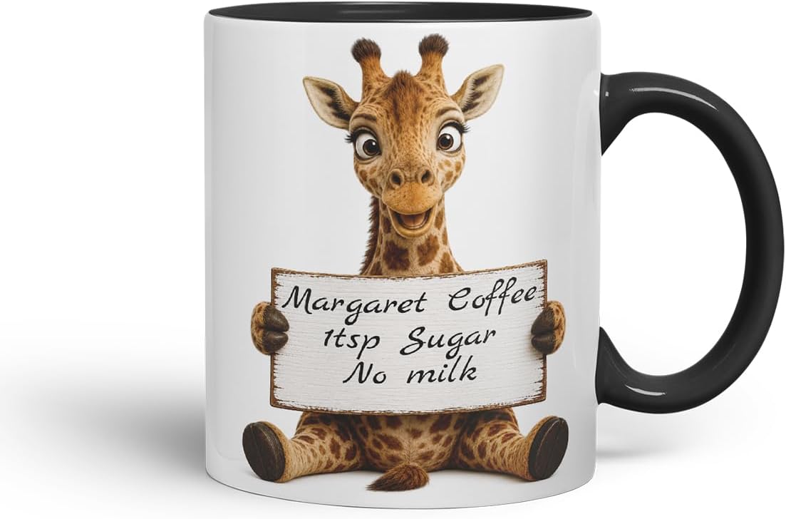 Vixar Personalised Giraffe Mug with Name or Custom Message – Cute Animal Coloured Ceramic Mug Cup Gift, 11oz (Black)