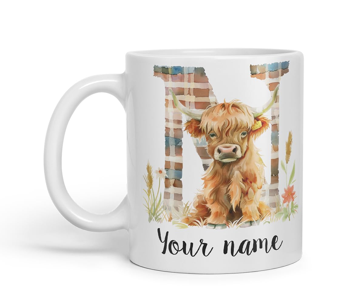 Vixar Personalised Highland Cow Initial Letter N Custom Name Mug – Coloured Ceramic Mug Cup Gift, 11oz (Black)