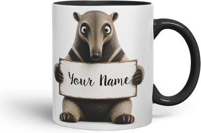 Vixar Personalised Anteater Mug with Name or Custom Message – Cute Animal Coloured Ceramic Mug Cup Gift, 11oz (Black)