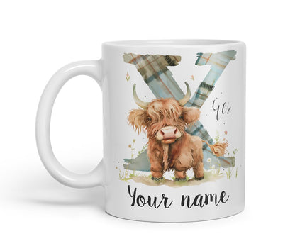 Vixar Personalised Highland Cow Initial Letter X Custom Name Mug – Coloured Ceramic Mug Cup Gift, 11oz (Black)