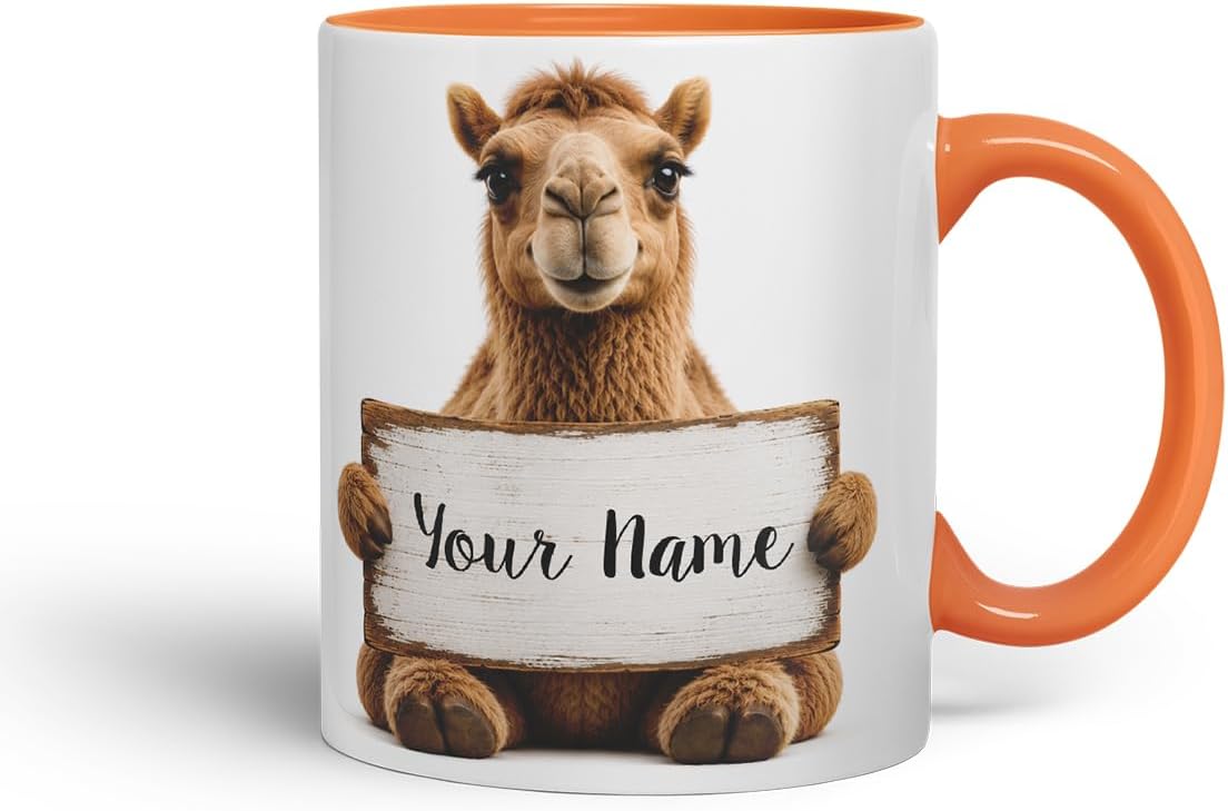 Vixar Personalised Camel Mug with Name or Custom Message – Cute Animal Coloured Ceramic Mug Cup Gift, 11oz (Orange)