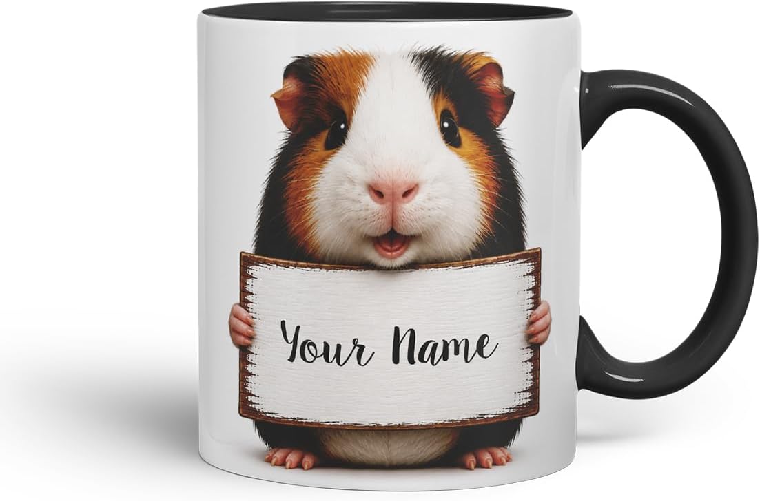 Vixar Personalised Guinea Pig Mug with Name or Custom Message – Cute Animal Coloured Ceramic Mug Cup Gift, 11oz (Black)