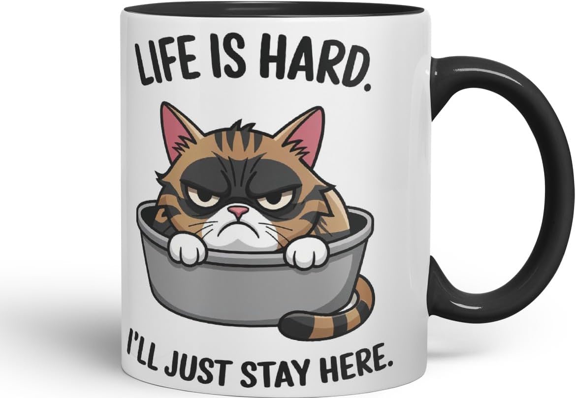 Vixar Life is Hard I’ll Just Stay Here Cat Mug – Coloured Ceramic Mug Cup Gift, 11oz (Black)