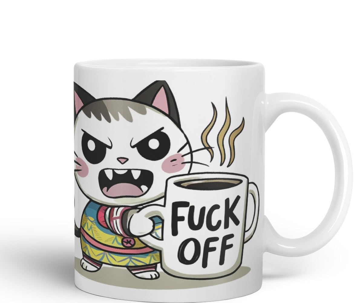 Vixar Angry Cat F** Off – Coloured Ceramic Mug Cup Gift, 11oz (Black)
