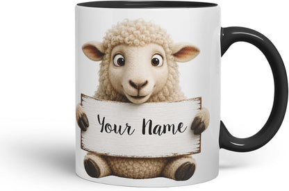 Vixar Personalised Sheep Mug with Name or Custom Message – Cute Animal Coloured Ceramic Mug Cup Gift, 11oz (Black)