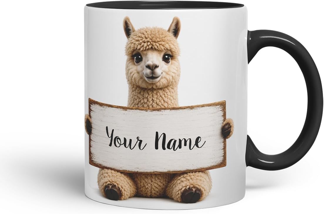 Vixar Personalised Alpaca Mug with Name or Custom Message – Cute Animal Coloured Ceramic Mug Cup Gift, 11oz (Black)