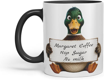 Vixar Personalised Duck Mug with Name or Custom Message – Cute Animal Coloured Ceramic Mug Cup Gift, 11oz (Black)