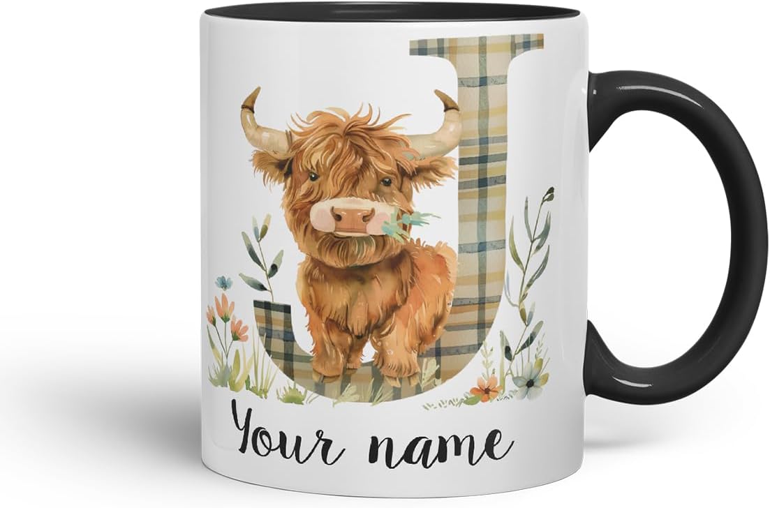Vixar Personalised Highland Cow Initial Letter J Custom Name Mug – Coloured Ceramic Mug Cup Gift, 11oz (Black)