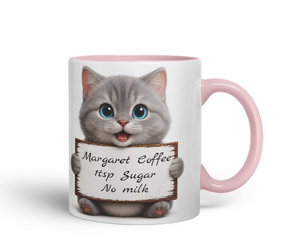 Vixar Personalised Grey Cat Mug with Name or Custom Message – Cute Animal Coloured Ceramic Mug Cup Gift, 11oz (Black)