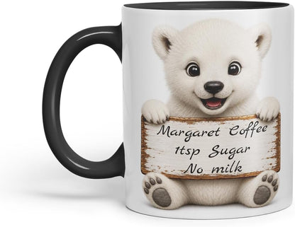 Vixar Personalised Polar Bear Mug with Name or Custom Message – Cute Animal Coloured Ceramic Mug Cup Gift, 11oz (Black)