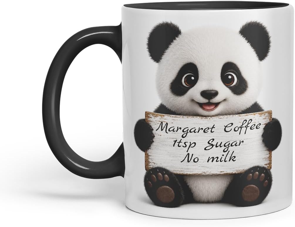 Vixar Personalised Panda Mug with Name or Custom Message – Cute Animal Coloured Ceramic Mug Cup Gift, 11oz (Black)