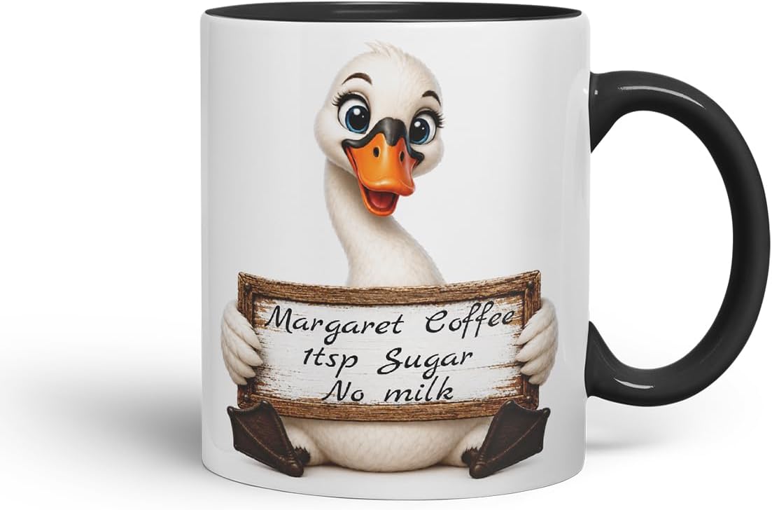 Vixar Personalised Swan Mug with Name or Custom Message – Cute Animal Coloured Ceramic Mug Cup Gift, 11oz (Black)