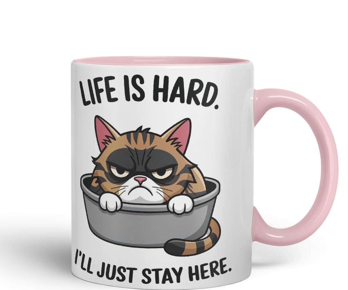 Vixar Life is Hard I’ll Just Stay Here Cat Mug – Coloured Ceramic Mug Cup Gift, 11oz (Black)