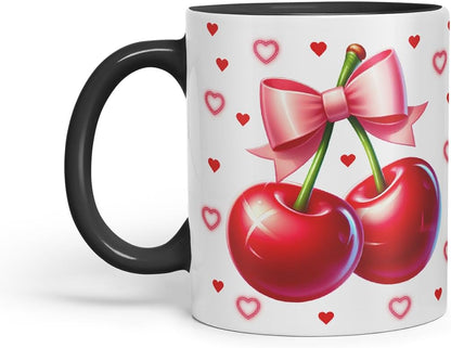 Vixar Cute Cherry Hearts Bow Mug – Coloured Ceramic Mug Cup Gift, 11oz (Black)