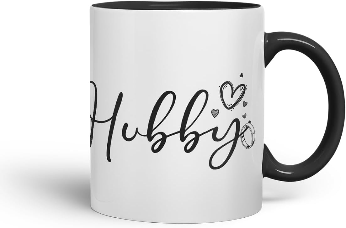 Vixar Wifey and Hubby Script Wedding Ring Couple Mugs – Coloured Ceramic Mugs Cups Gift, 11oz, Set of 2