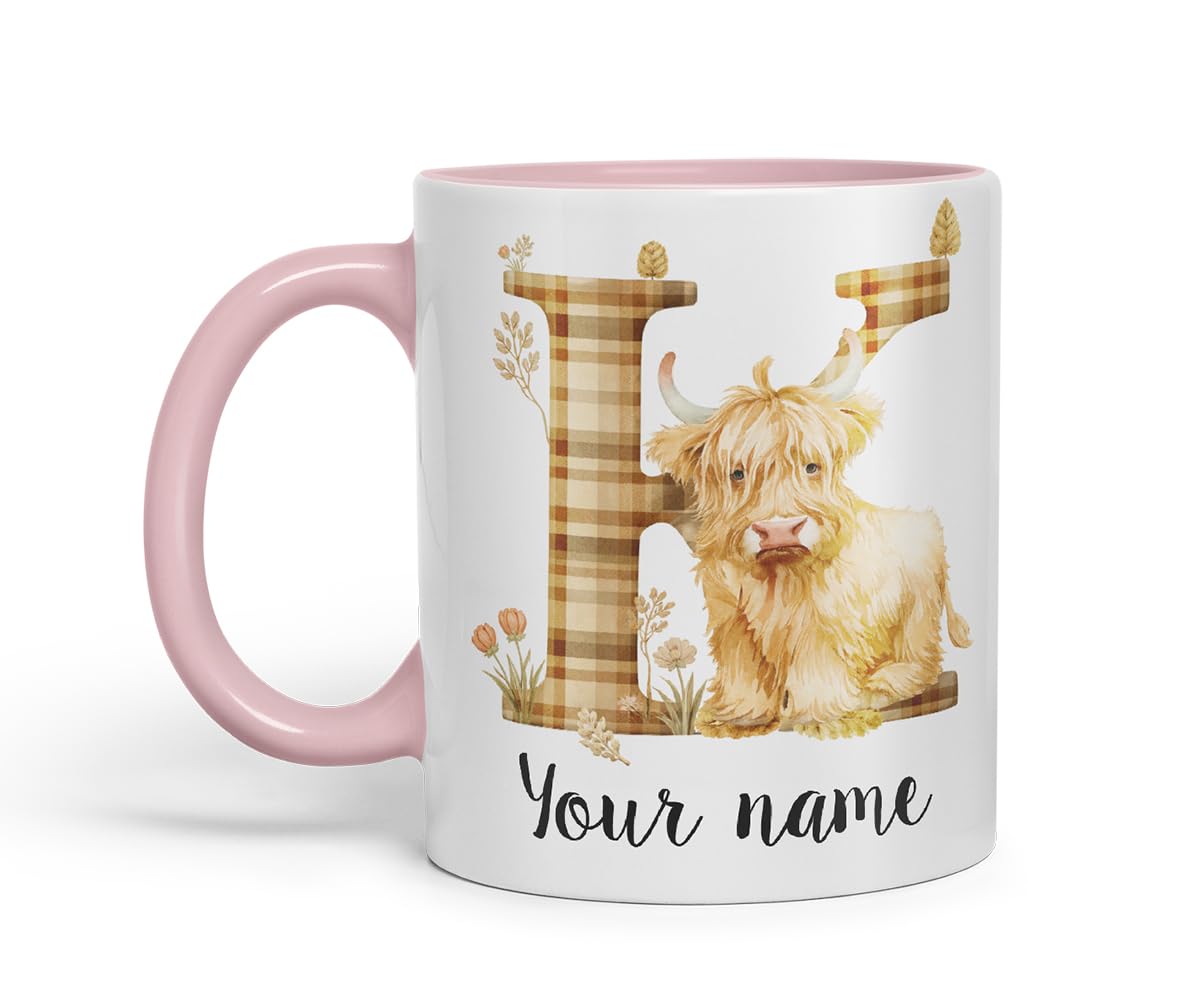 Vixar Personalised Highland Cow Initial Letter K Custom Name Mug – Coloured Ceramic Mug Cup Gift, 11oz (Black)