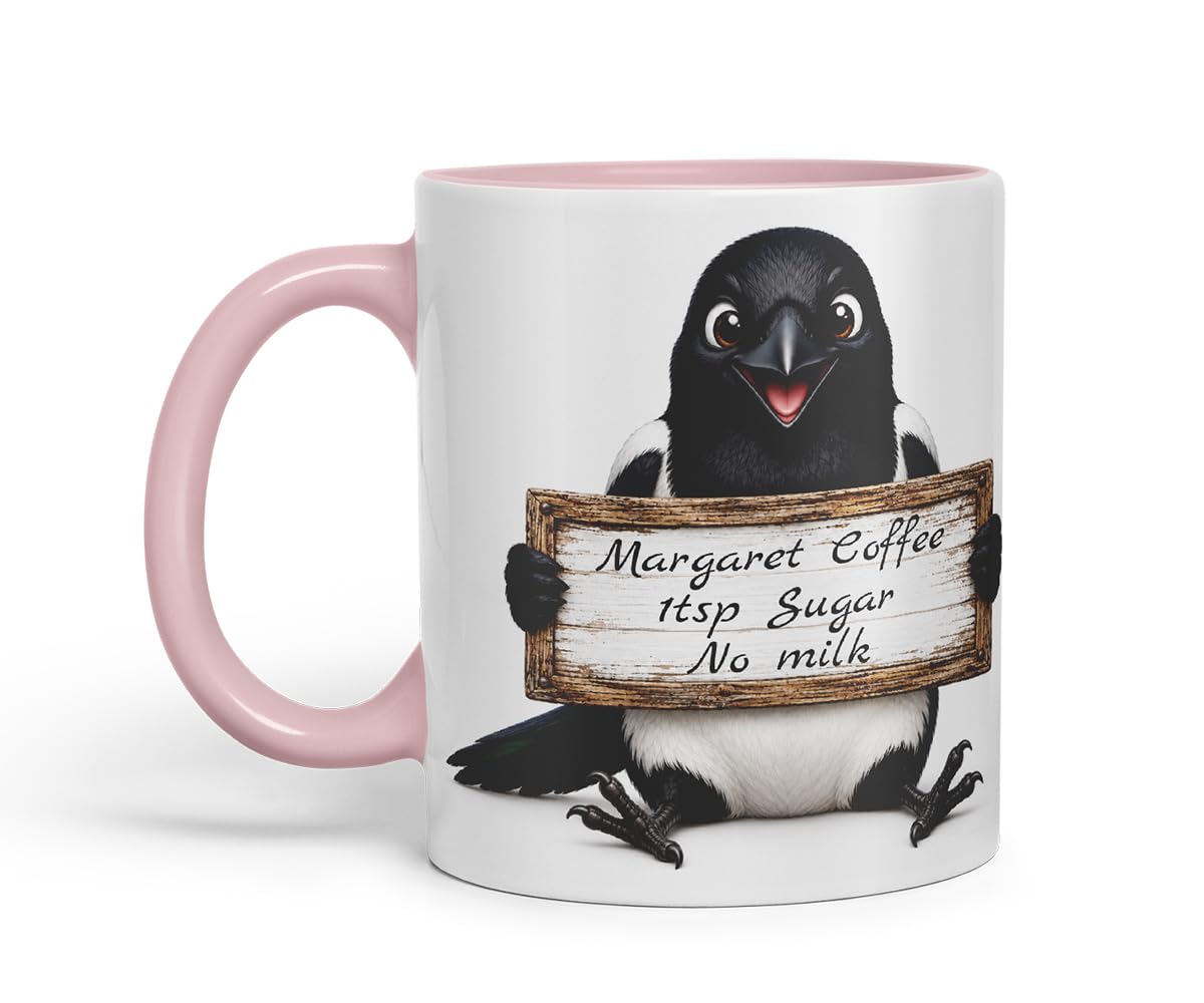 Vixar Personalised Magpie Mug with Name or Custom Message – Cute Animal Coloured Ceramic Mug Cup Gift, 11oz (Black)