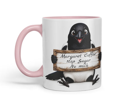 Vixar Personalised Magpie Mug with Name or Custom Message – Cute Animal Coloured Ceramic Mug Cup Gift, 11oz (Black)